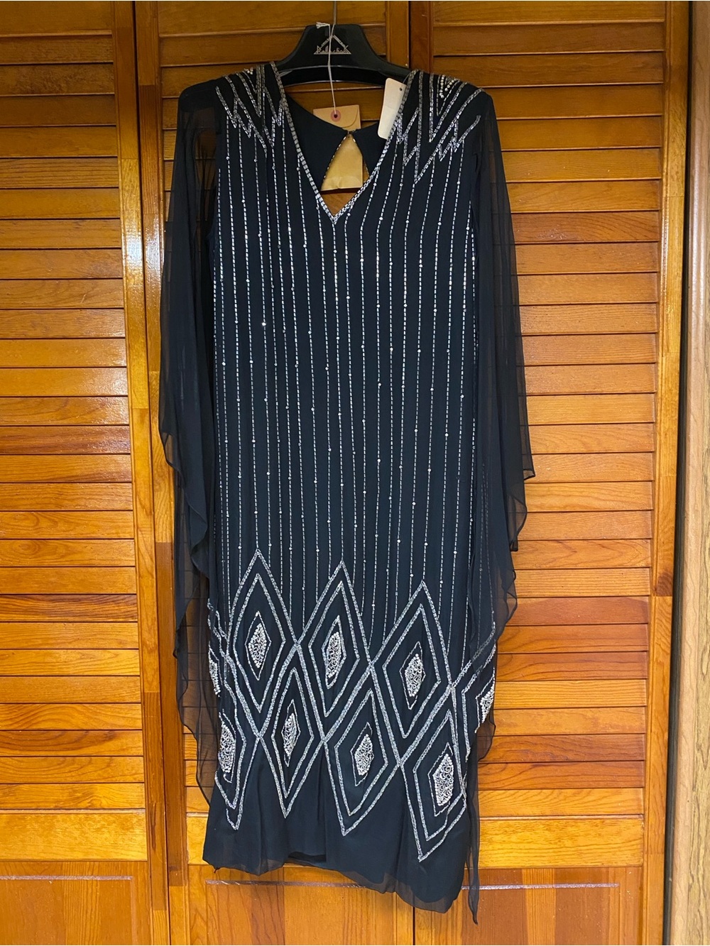 Vintage 80s Black Silver Beaded Art Deco Dress Gatsby Cocktail NWT $1250